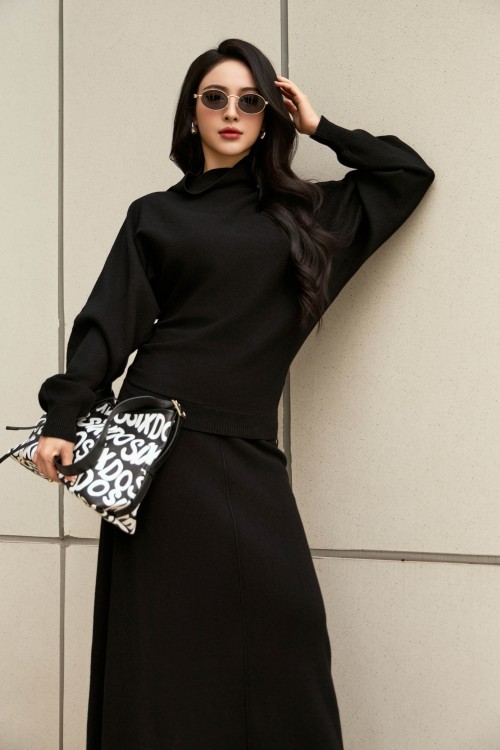 Sixdo Black Mock Neck Knit Blouse &amp; Skirt